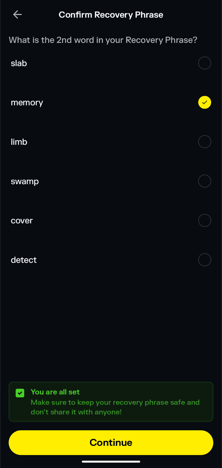 solflare confirm recovery phrase
