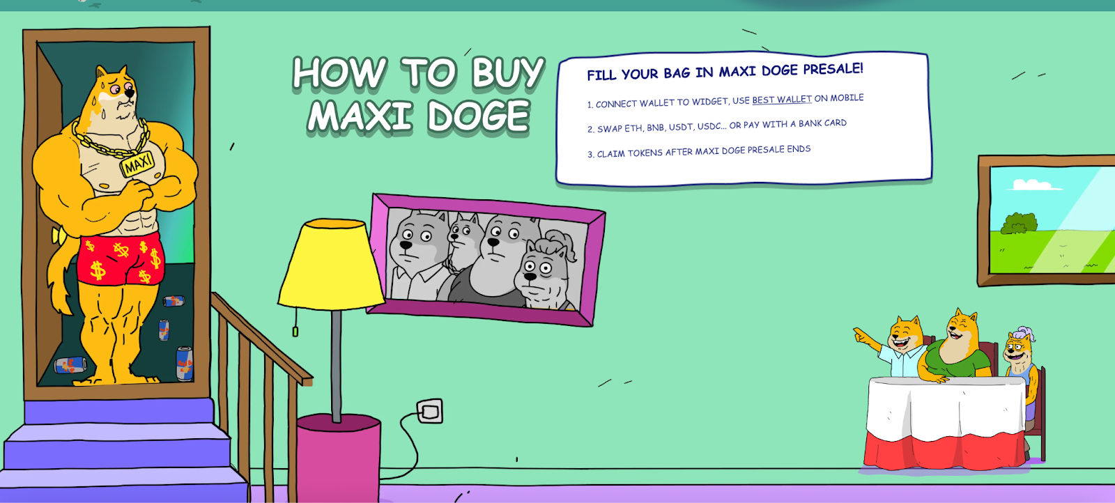 كلب عملة ماكسي دوج (Maxi Doge) يقف على الدرج وكلاب شيبا إينو الأخرى تستهزأ به