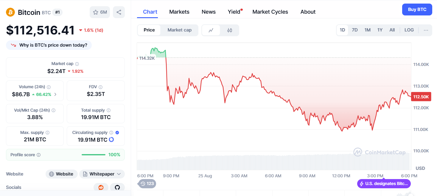 بيانات عملة بيتكوين (Bitcoin) ومخطط بياني لحركة سعرها