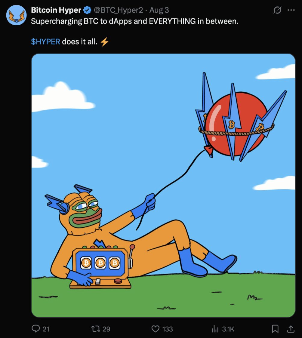 Bitcoin tweet hyper counts on the X platform talks about the advantages of the project