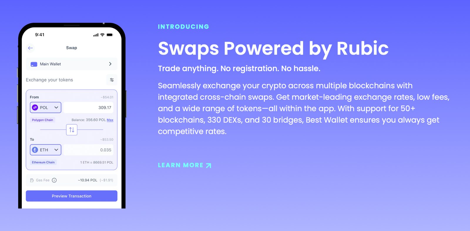 تطبيق بيست واليت (Best Wallet) على شاشة هاتف محمول وبجانبه ميزات التداول عبر هذه المحفظة