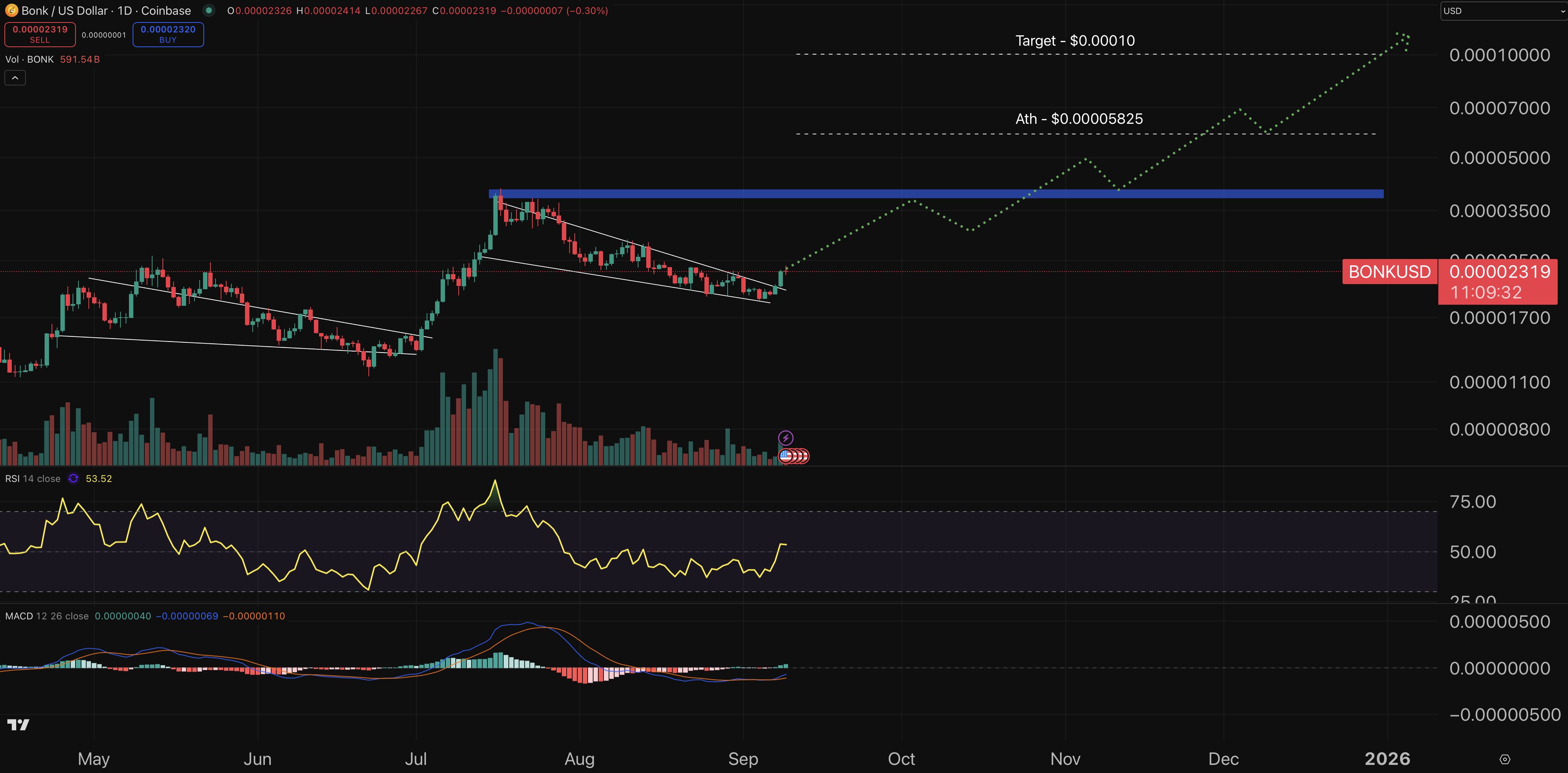 A graphic diagram for the price of the price of the Bonk / USD pair