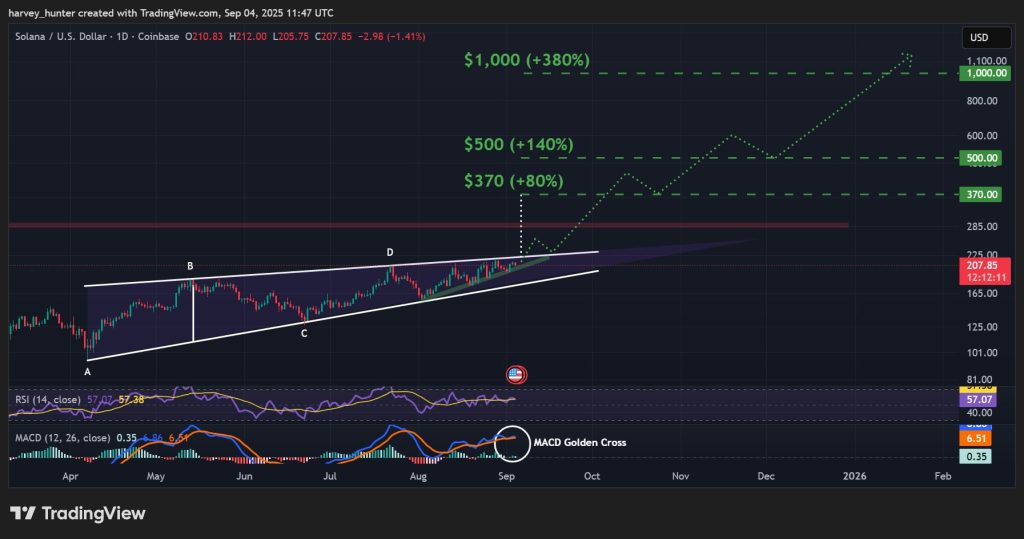 SOL / USD 1-day chart, rising wedge pattern. Source: TradingView.