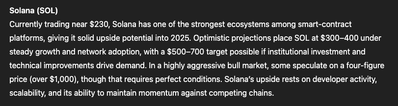 Chatgpt model for the price of the Solana currency (Solana)