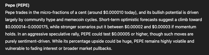 Chatgpt model model for the price of currency pepe (pepe)