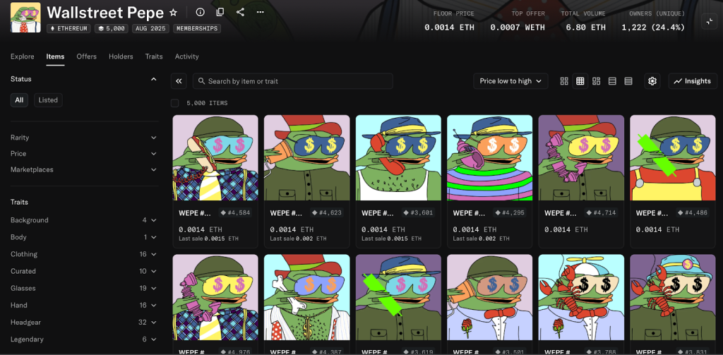 بعض عناصر الـ NFTs الخاصة بمشروع وول ستريت بيبي (Wall Street Pepe)
