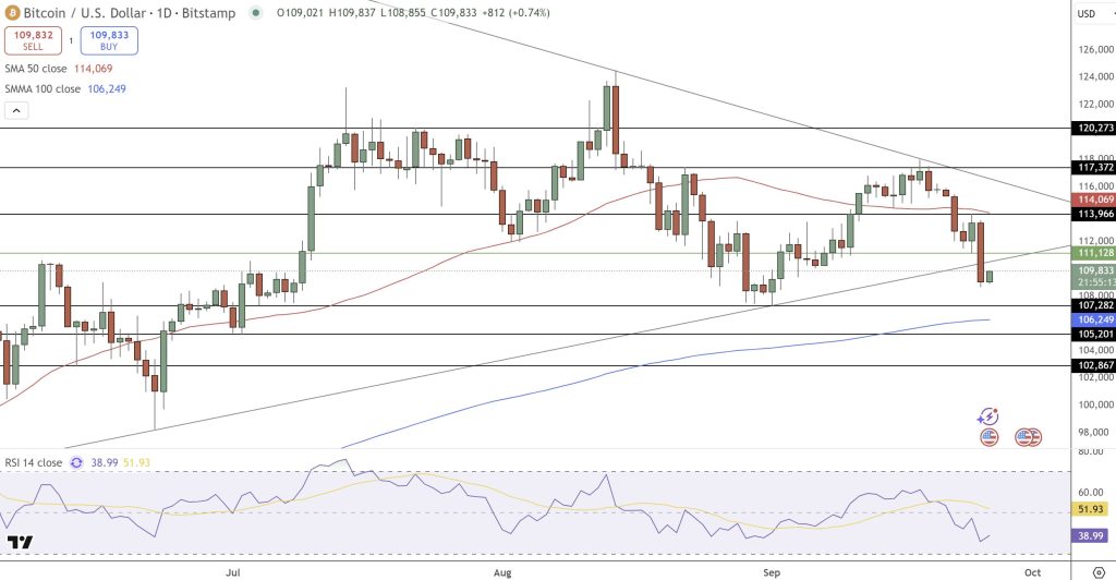The price of the BTC / USD pair breaks the artistic triangle style support line
