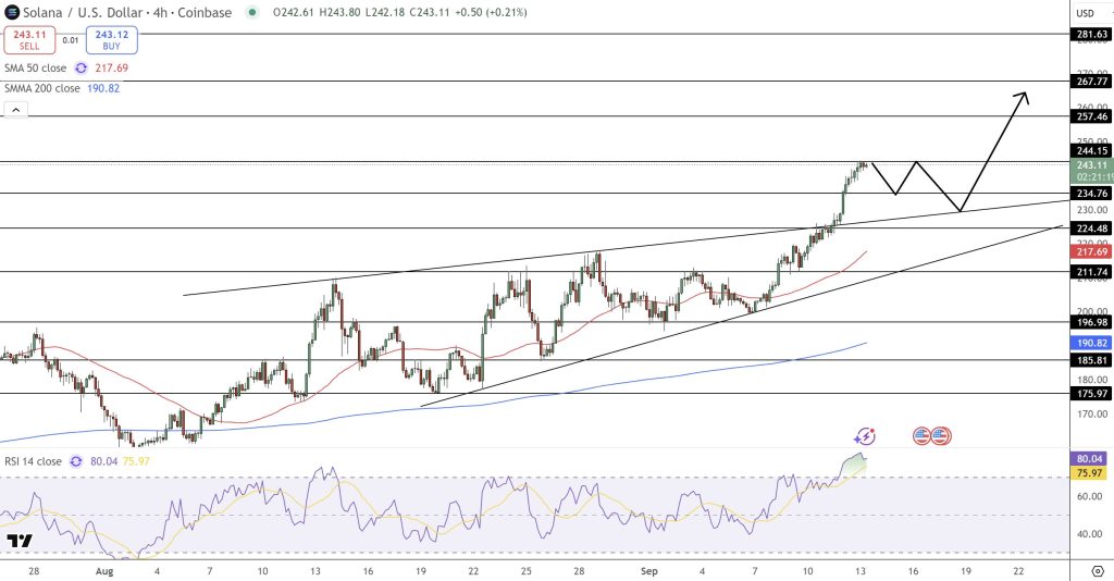 The price of the Solana currency moves in an upward direction