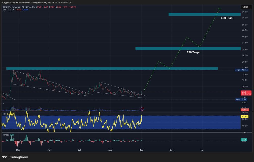 A Trump currency price system displays MacD and RSI - Source: tradingView