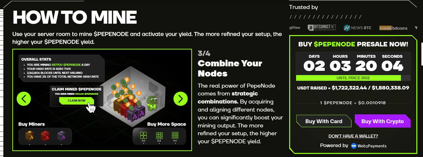 BabyNode Coin IPO landing page showing mining mechanism and subscription tool