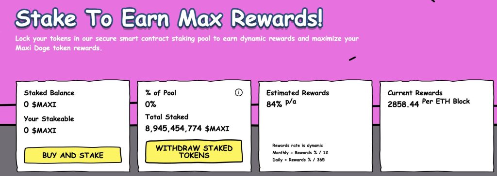 Data on the mortgage mechanism of the Maxi Doge token and its annual returns
