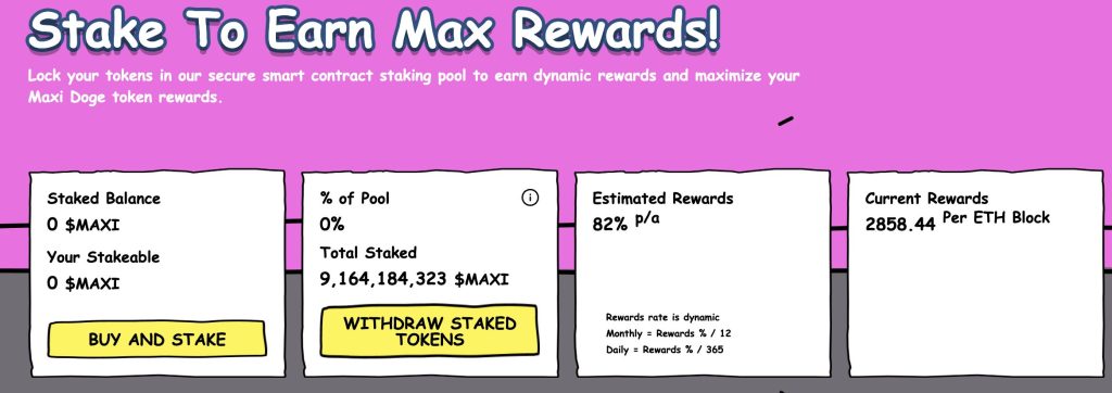 An invitation to participate in staking MAXI DOGE tokens and the expected returns