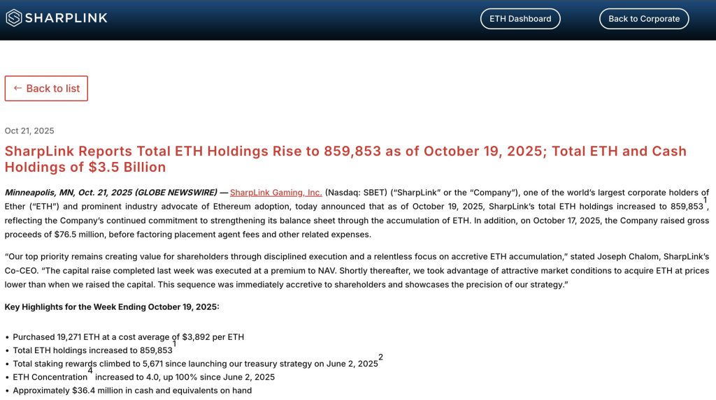 SharpLink press release regarding its Ethereum holdings
