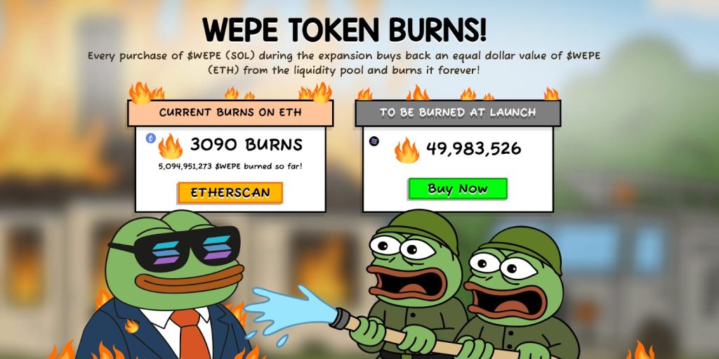 Data from the Wall Street Pepe coin fire, below which two frogs holding a garden hose shoot it at another wearing glasses bearing the Solana coin logo.