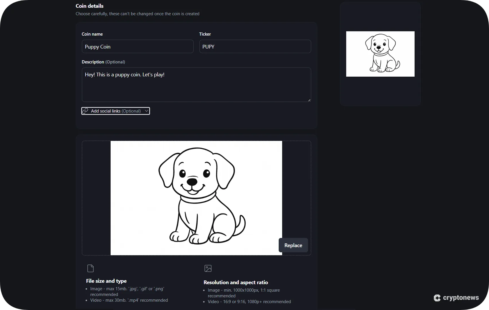 Interface for entering details and creating a token on Pump.fun