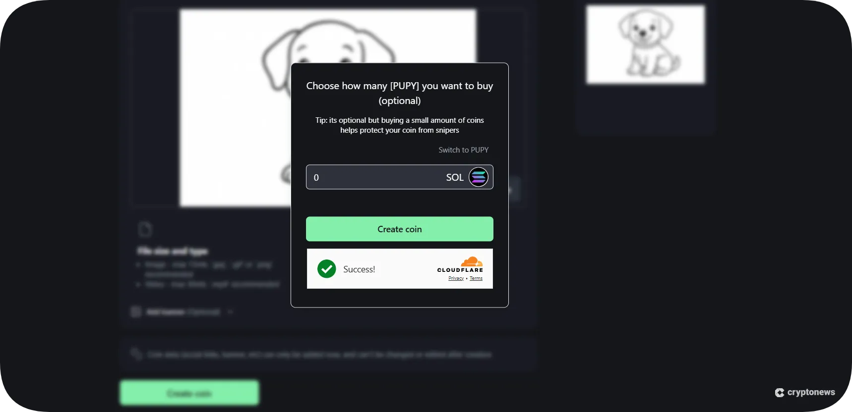 Pump.fun widget for confirming the creation of a new meme coin.