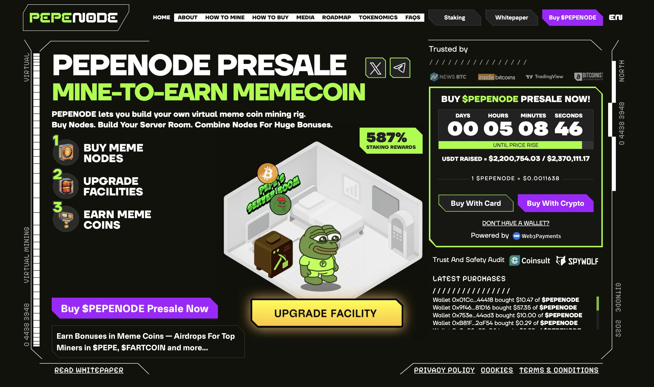 Pepenode coins offering features and descriptions of mining