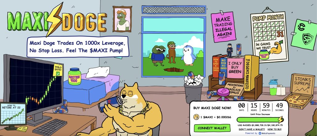 Maxi Doge has a drink and looks at a business graphic with a Maxi Doge room offering a window, books and wall posters.