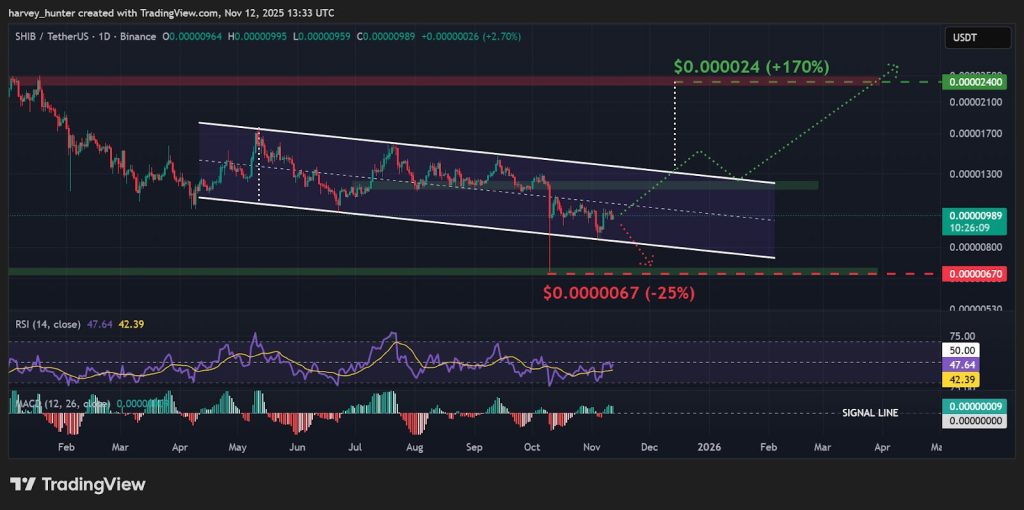 A chart of Shiba Inu currency price movements and its technical indicators
