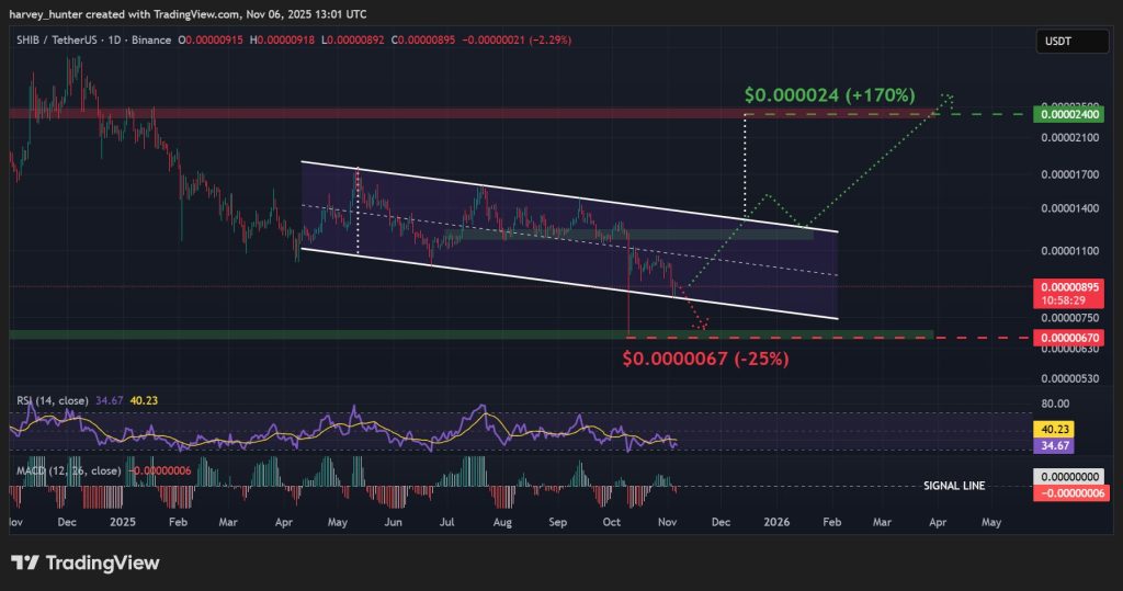 Shiba Inu price retests the lower boundary of its descending channel
