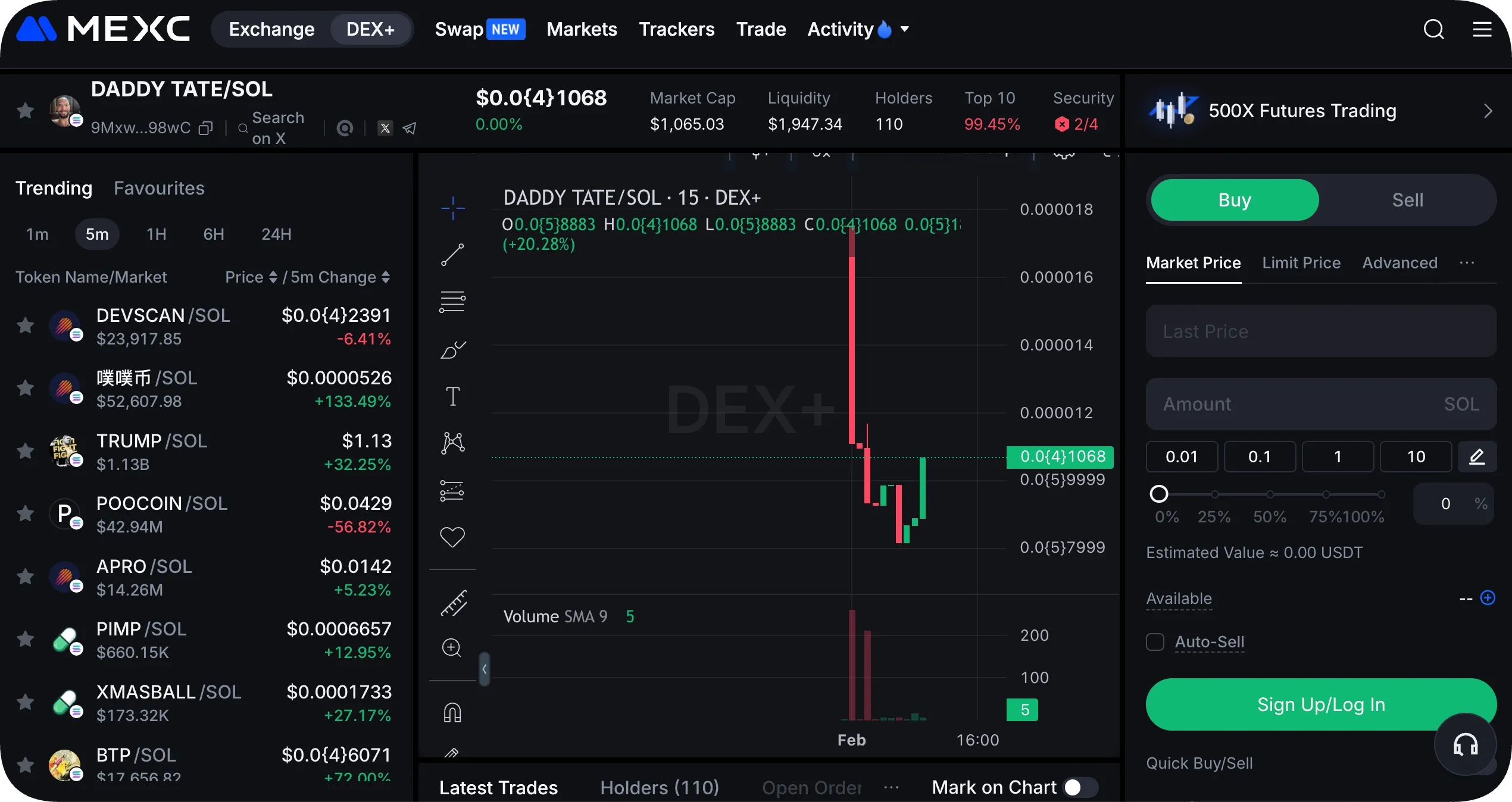 setting up a market order to buy DADDY