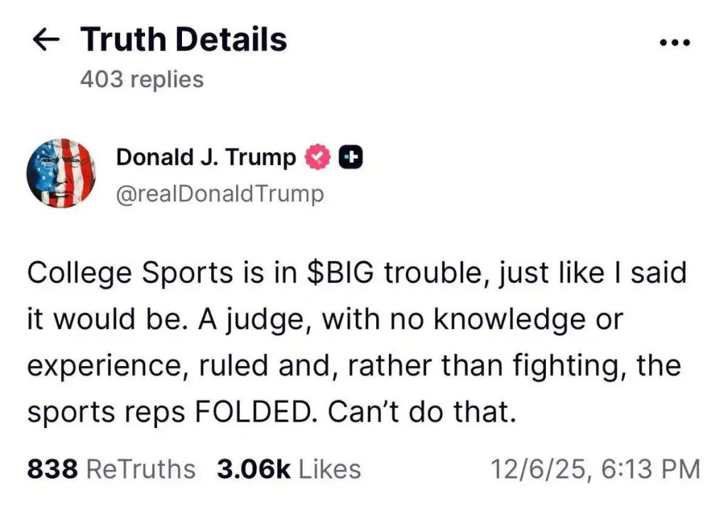 Donald Trump's post about the National Collegiate Athletic Association