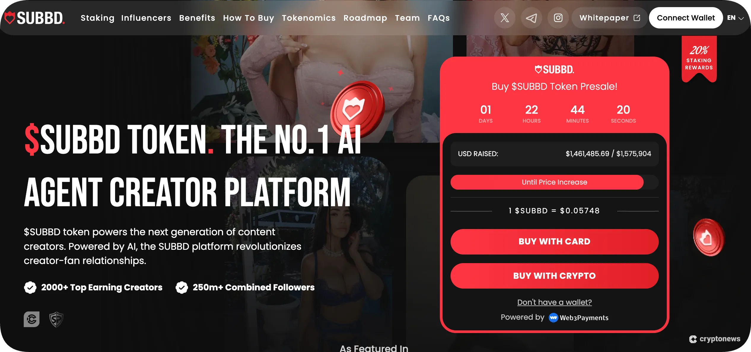 screenshot of the subbd presale homepage