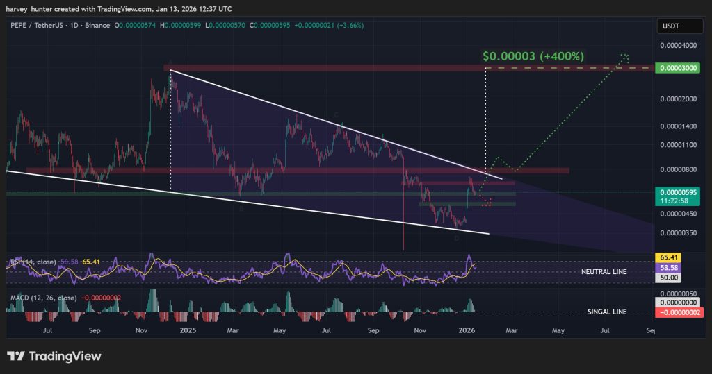 PEPE USD 1-day chart, year-long falling wedge