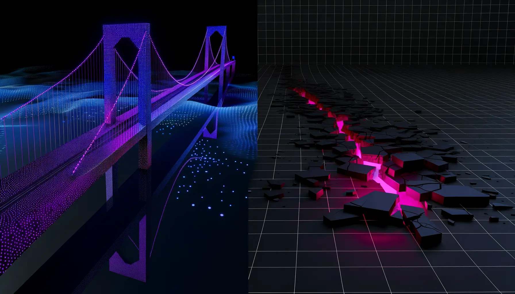 Fractured digital bridge with magenta breach point and destabilized network nodes symbolizing Polkadot bridge exploit