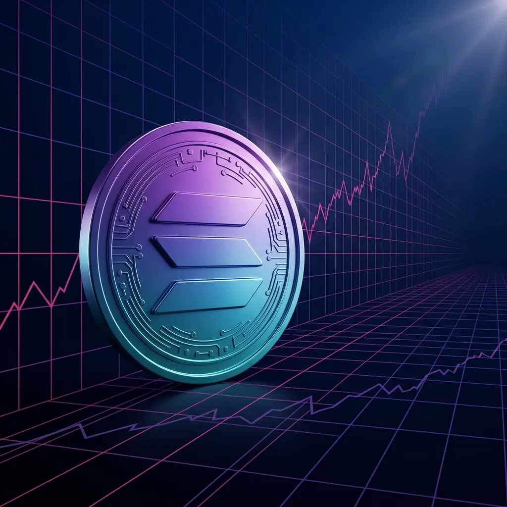 Solana price is holding its ground, barely. SOLUSD trades near $84, up roughly 1.8% over the last 24 hours after oscillating between $82.70 and $85.67. Solana cryptocurrency coin with price chart grid overlay in purple and magenta lighting