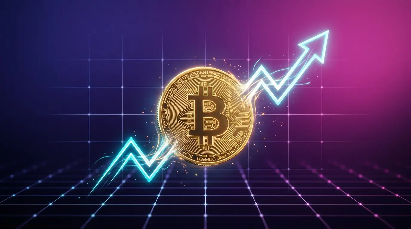 Bitcoin and rising stock market graph merging in purple-magenta gradient with grid overlay