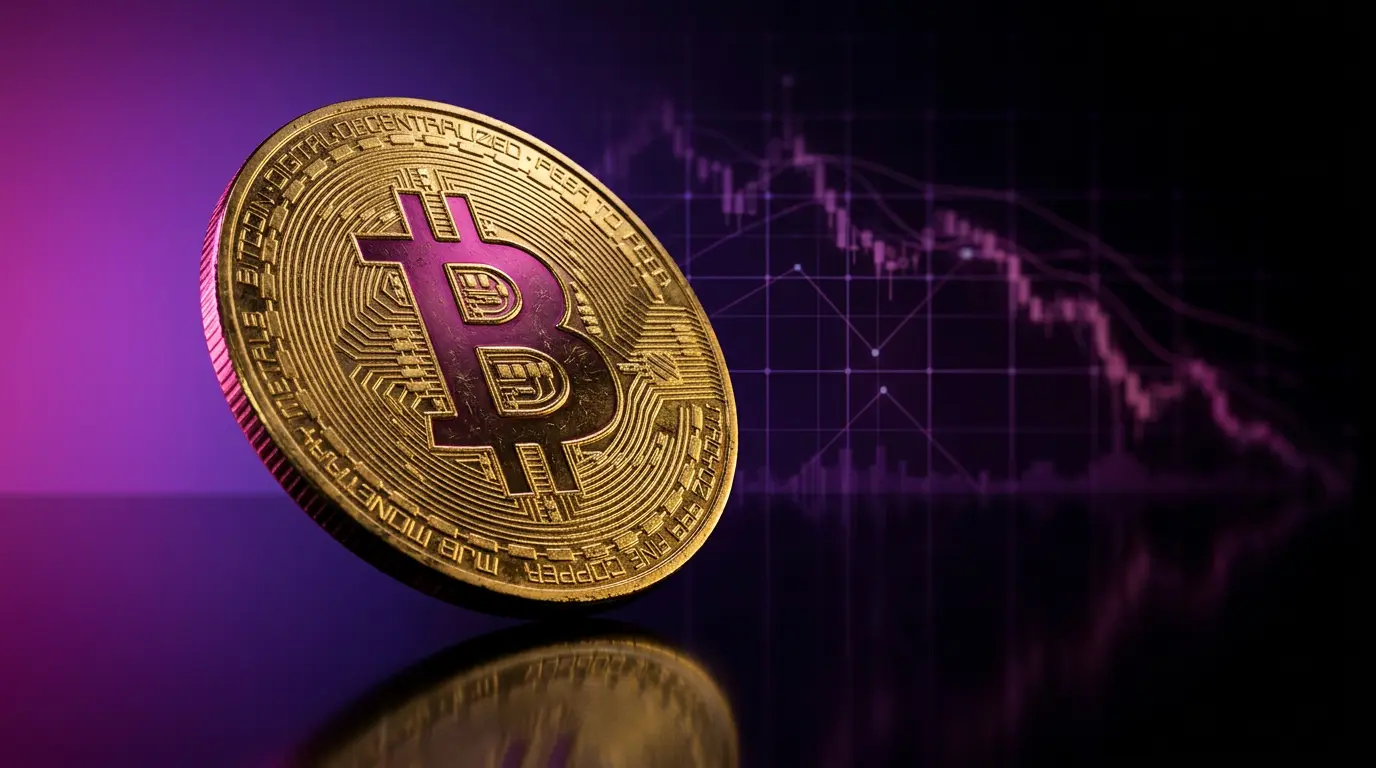Bitcoin coin with dramatic purple lighting on dark reflective surface suggesting price decline