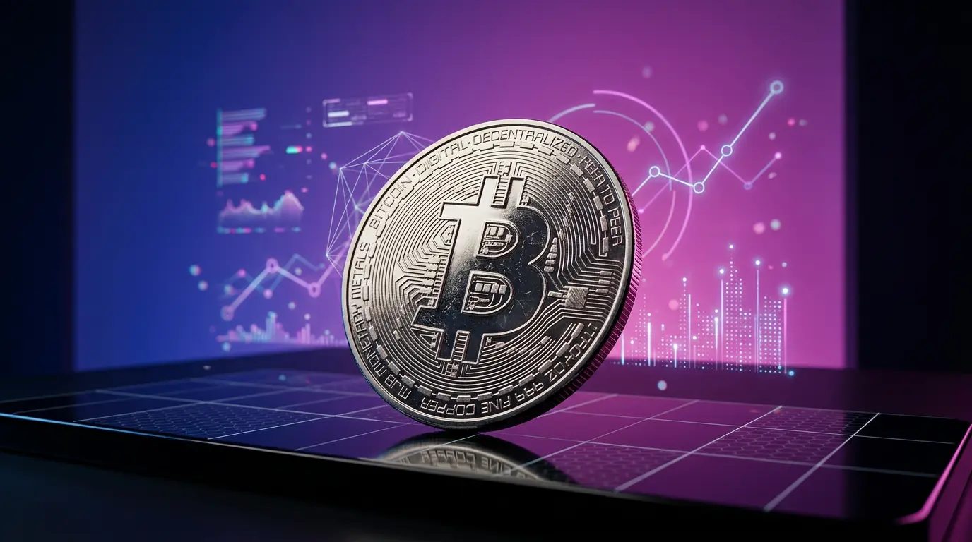 Bitcoin coin with purple and magenta gradient lighting in modern studio setting