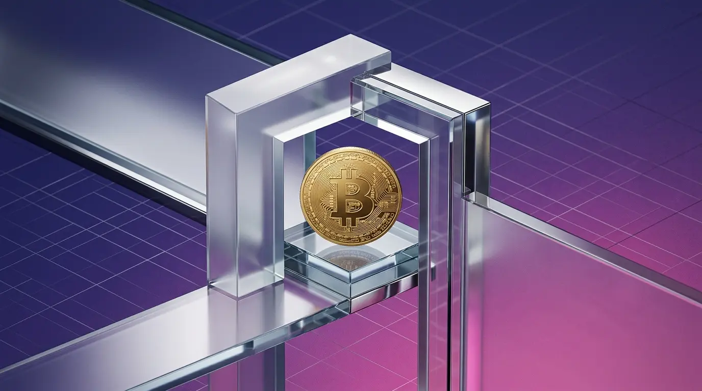 The Clarity ACT passed by the Senate Banking Committee has shaken up crypto markets. Discover the effects on Bitcoin and equities. Bitcoin coin emerging through transparent geometric structures with purple-magenta gradient lighting
