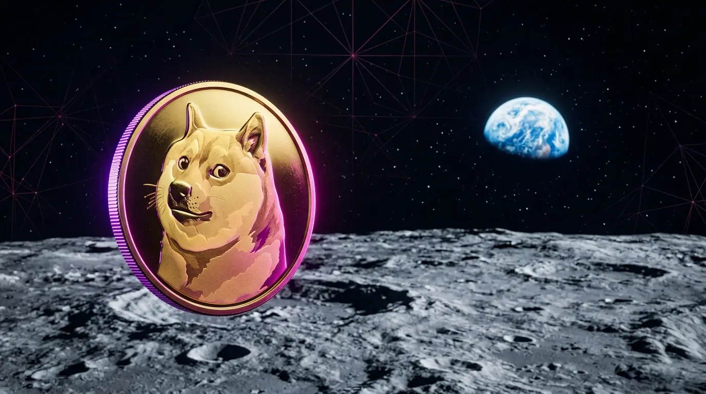 Dogecoin floating above moon surface with Earth in background and purple gradient lighting