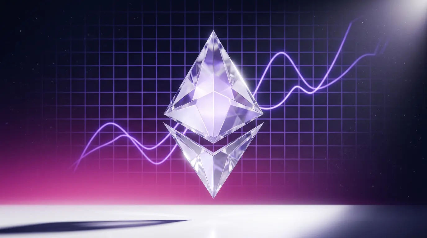 Ethereum crystal on purple-magenta gradient with digital grid representing ETH price movement and market volatility