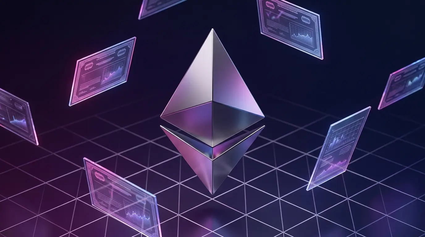 Ethereum logo with tokenized U.S. Treasury bonds in purple gradient tech composition