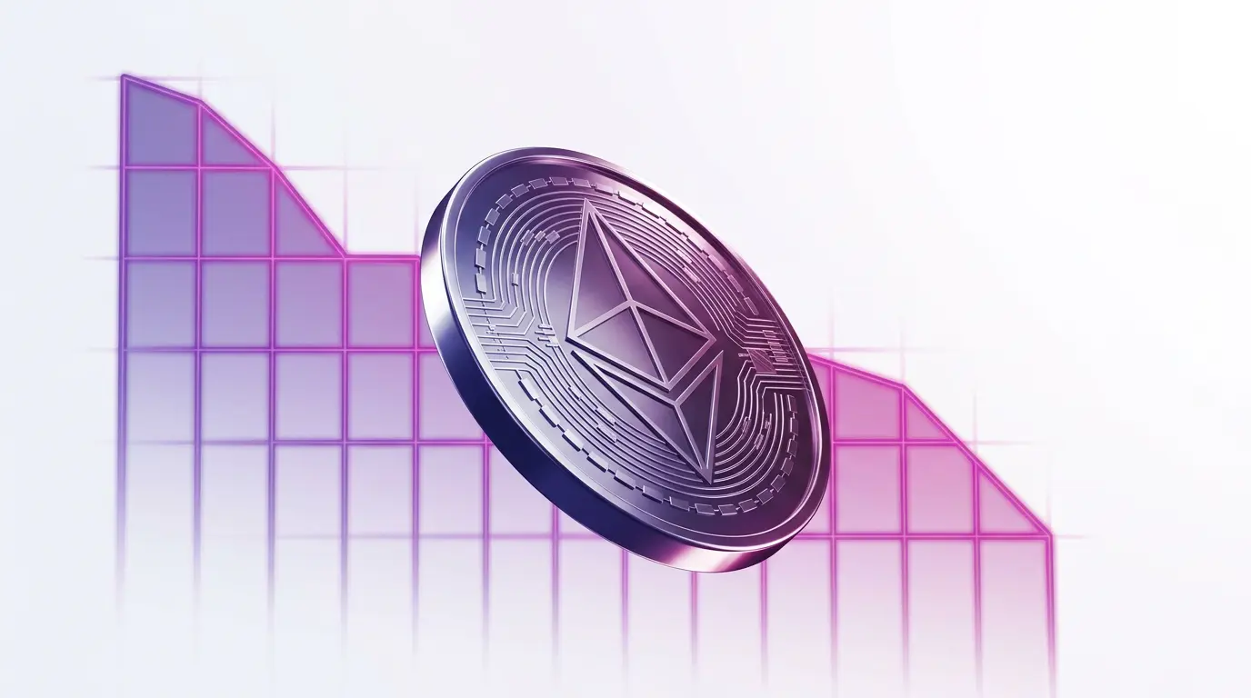 Ethereum coin falling with purple gradient and descending price grid background