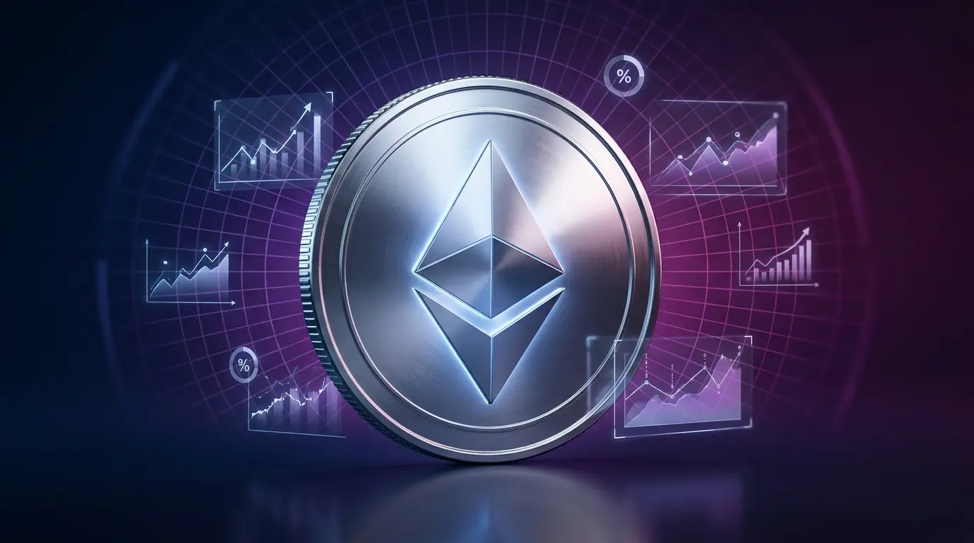 Ethereum coin with purple gradient tech grid and holographic data visualizations in studio lighting