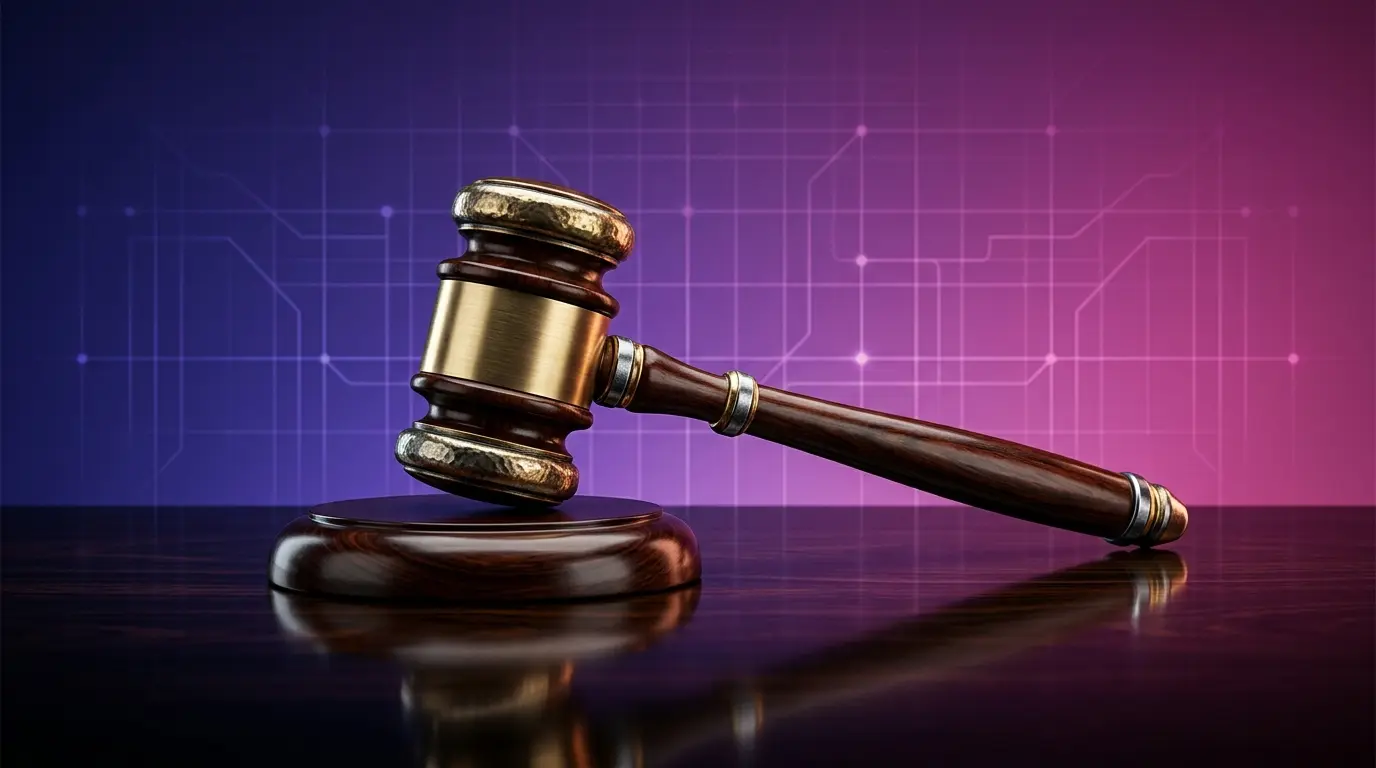 Gavel on dark surface with purple-magenta gradient representing crypto regulatory legislation