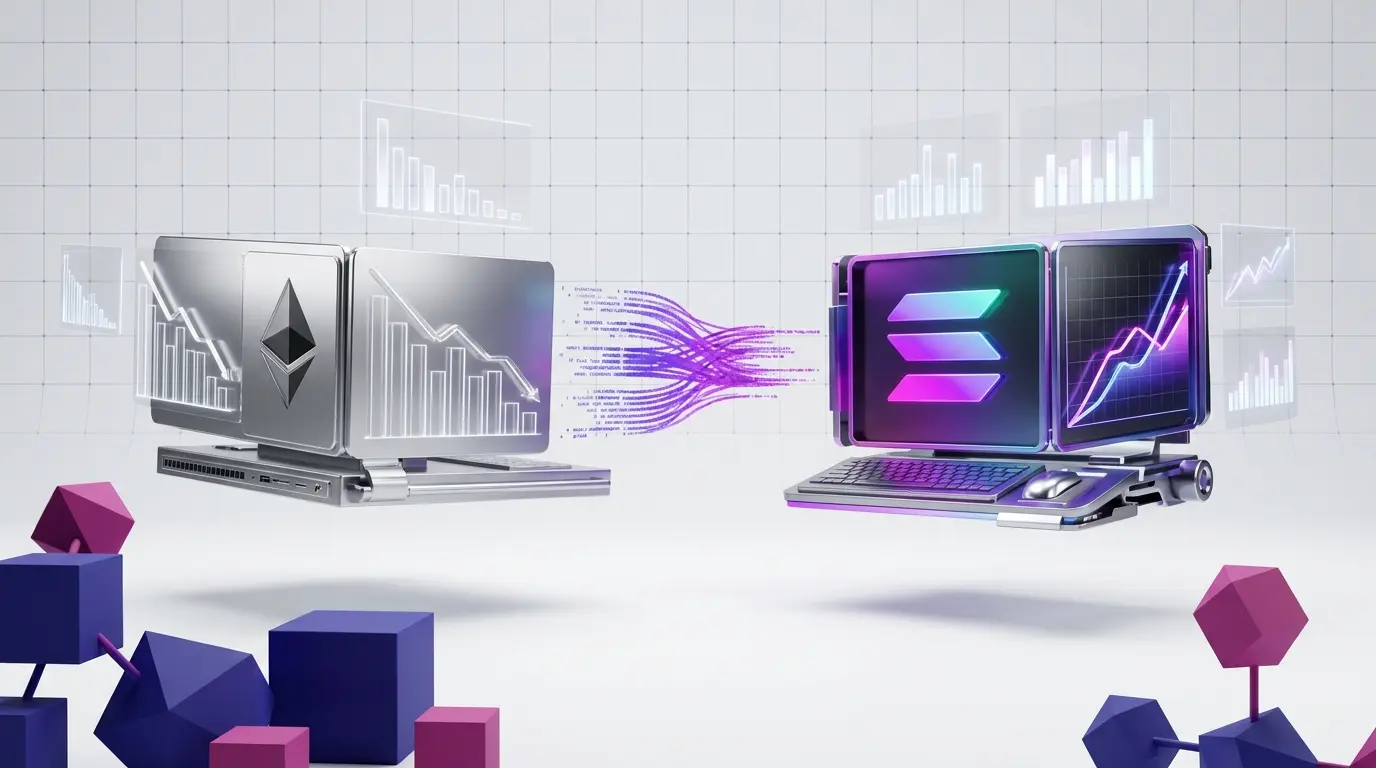 Solana and Ethereum developer ecosystem comparison with flowing code visualization and rising trends