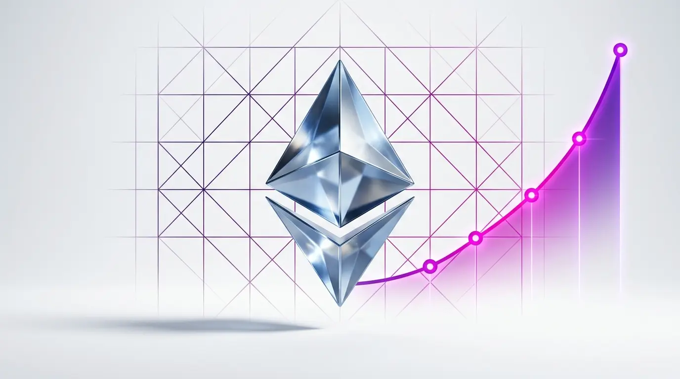Ethereum crystal with ascending price chart projection on gradient grid background