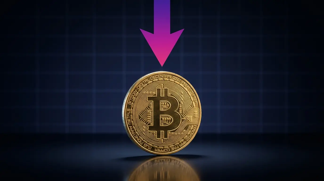 Bitcoin coin with downward purple gradient arrow showing price rejection and market decline