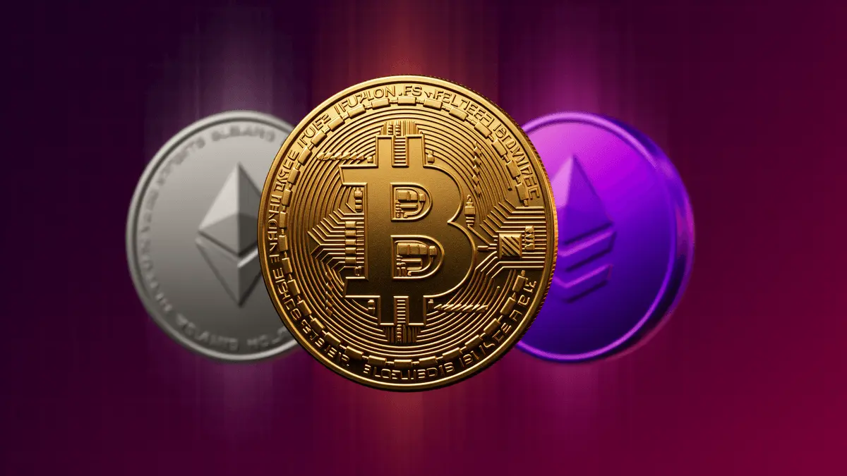 Bitcoin, Ethereum, and Solana coins in studio lighting with purple gradient tech background