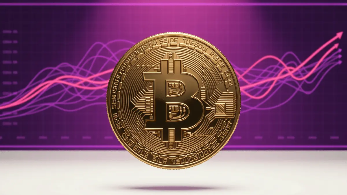 Bitcoin coin with purple and magenta network activity visualization showing bull phase signal