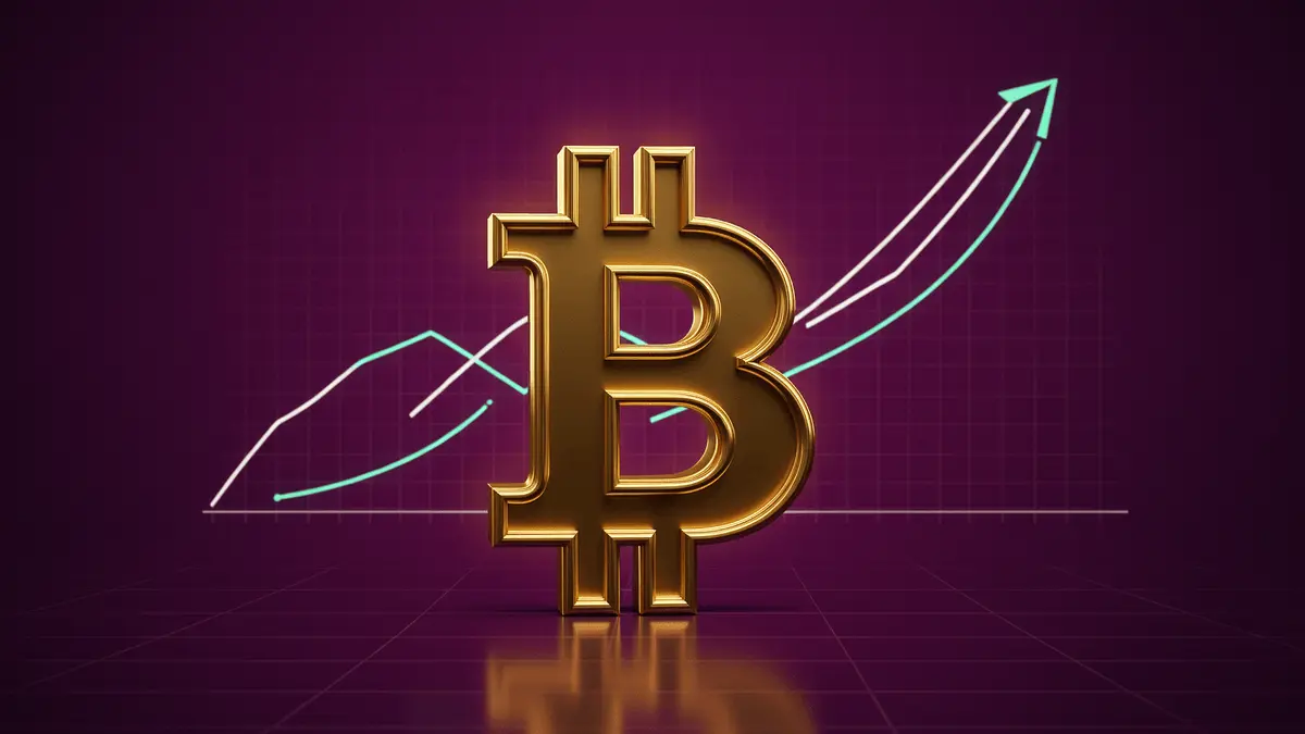 Bitcoin symbol with financial data visualization and purple gradient representing US debt crisis