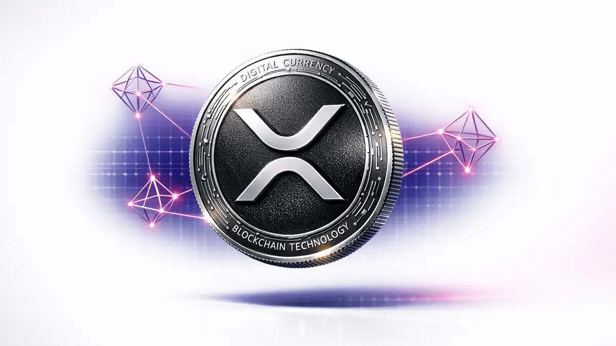 XRP cryptocurrency coin with network nodes and purple gradient lighting on white studio background