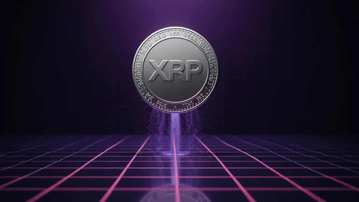 XRP cryptocurrency coin rising through digital grid support level with purple magenta lighting