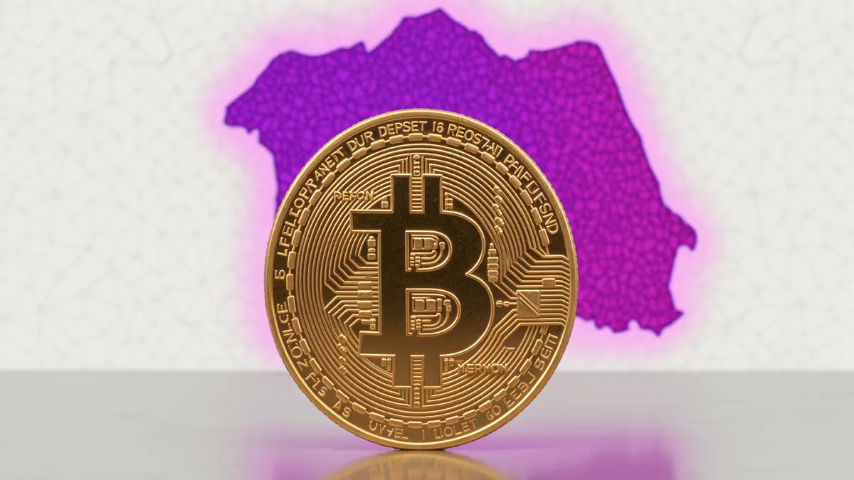 Bitcoin coin with holographic Zimbabwe map in purple gradient representing crypto regulation and treasury strategy