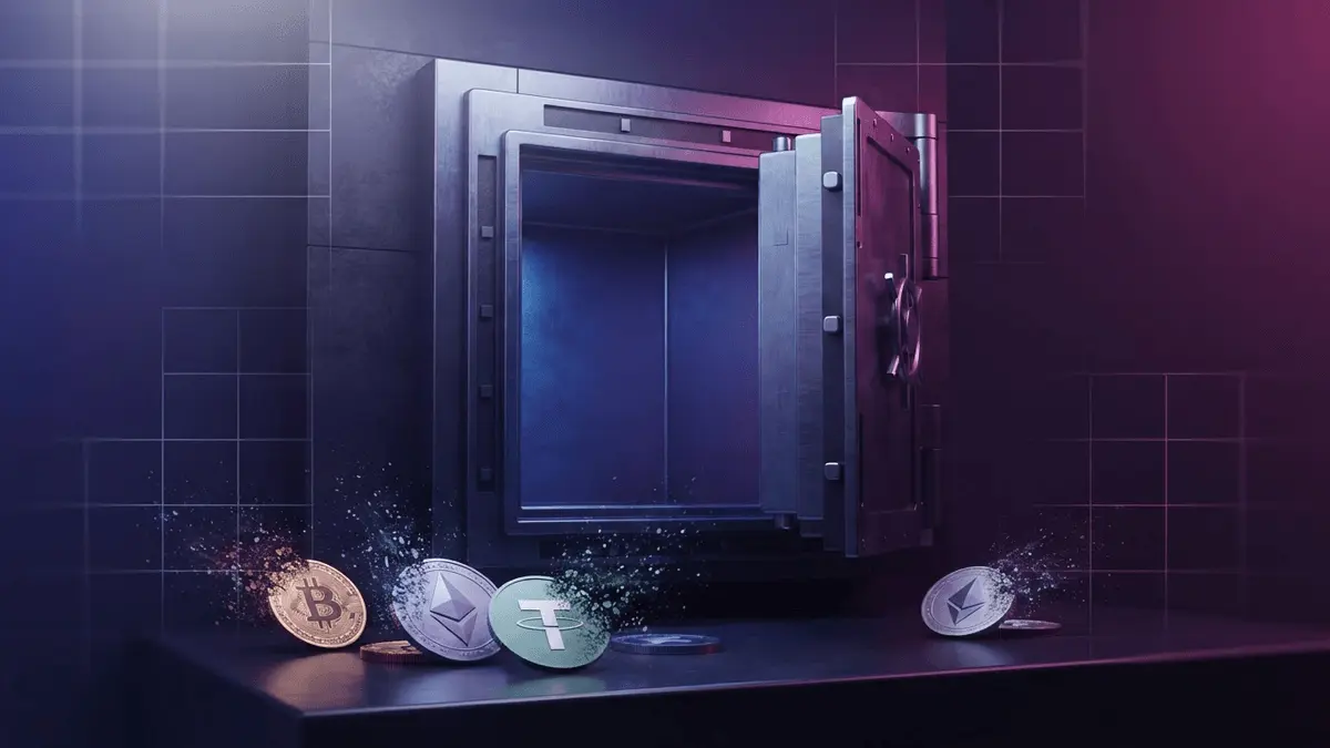 Empty digital vault with cryptocurrency dissolving into particles on purple-magenta gradient background